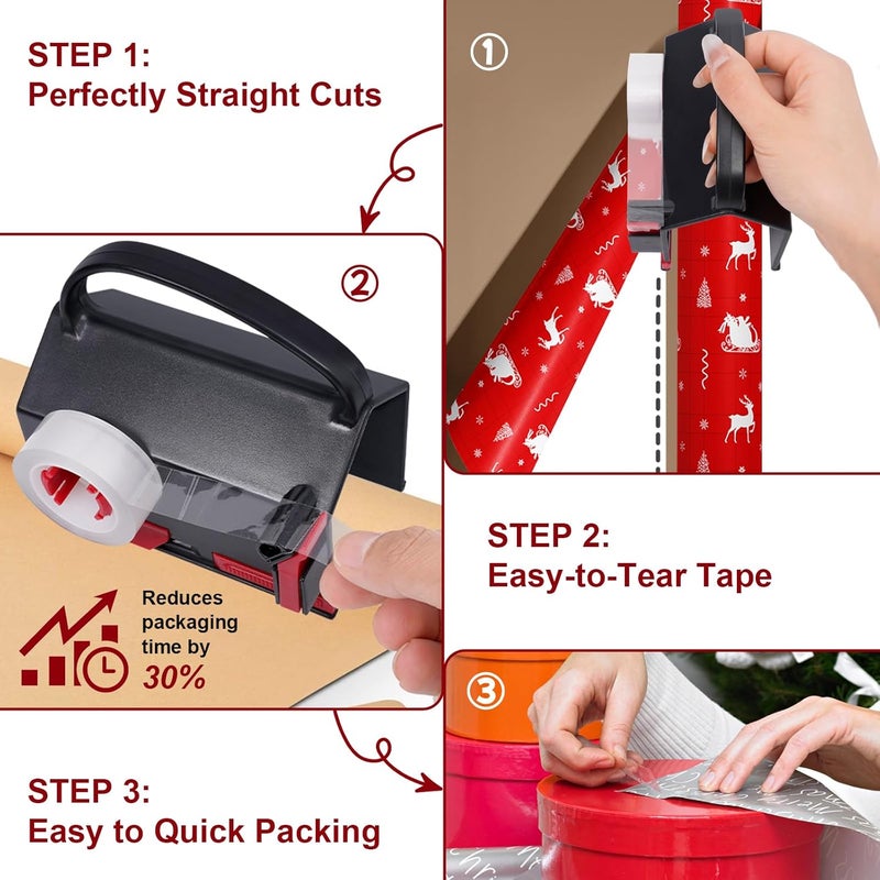 Nollapo 2-in-1 Wrapping Paper Cutter & Tape Dispenser, Gift Wrap Cutter Tool with 4 Tapes & Replaceable Blades, Fast Straight Cutting Tool for Birthday, Office, and Home Wrapping - Image 2